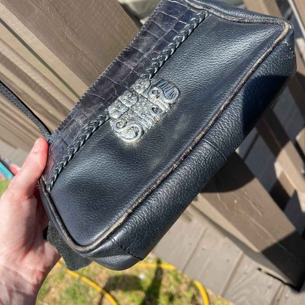 Laurel Burch Black Leather Messenger Bag with Cat Emblem
